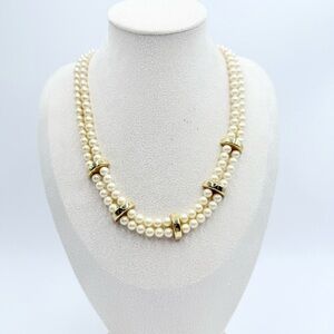 Vintage Monet Gold Tone accents and Faux Pearls Beads 2 Strand Necklace